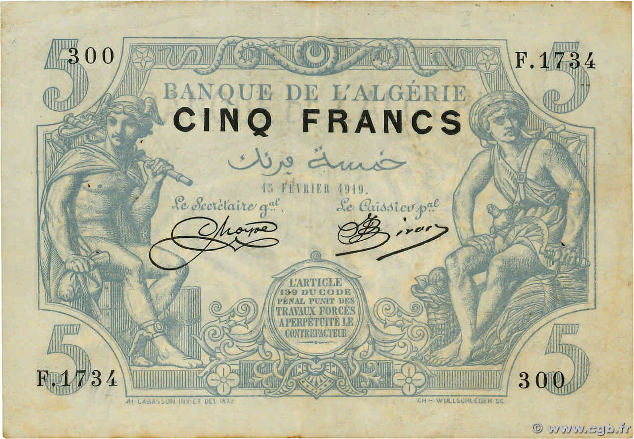 5 Francs ALGÉRIE  1919 P.071a TTB