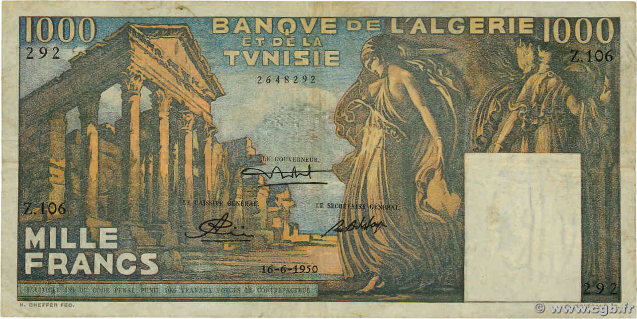 1000 Francs TUNISIE  1950 P.29a TTB