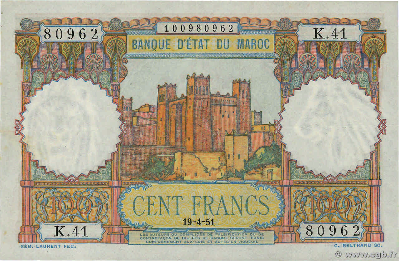 100 Francs MAROC  1951 P.45 TTB