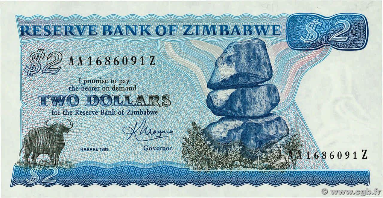 2 Dollars ZIMBABWE  1983 P.01b NEUF