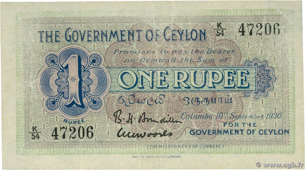 1 Rupee CEYLON  1930 P.016b BB