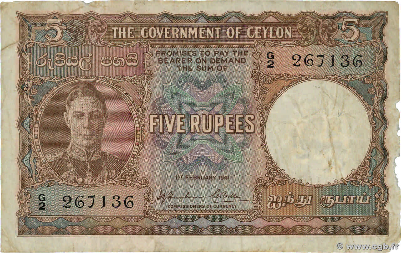 5 Rupees CEYLAN  1941 P.032a TB