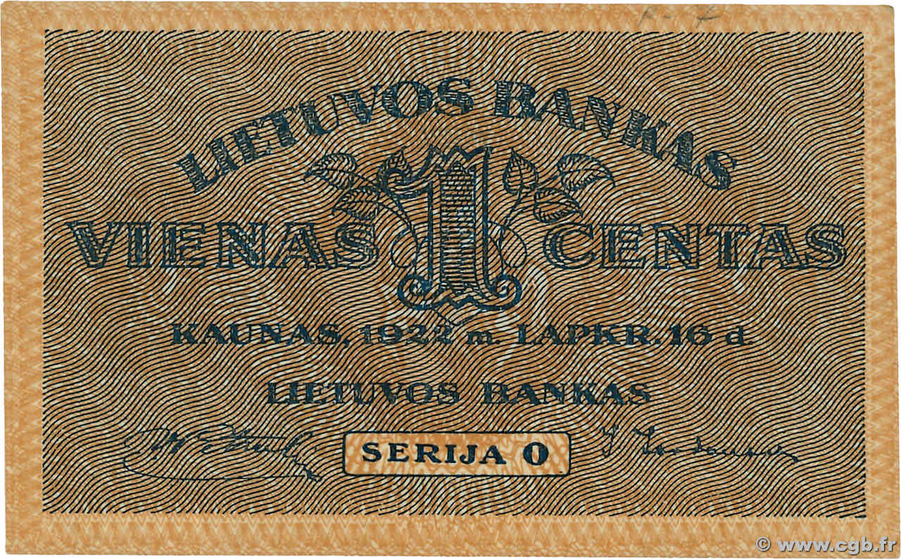1 Centas LITUANIA  1922 P.07a FDC