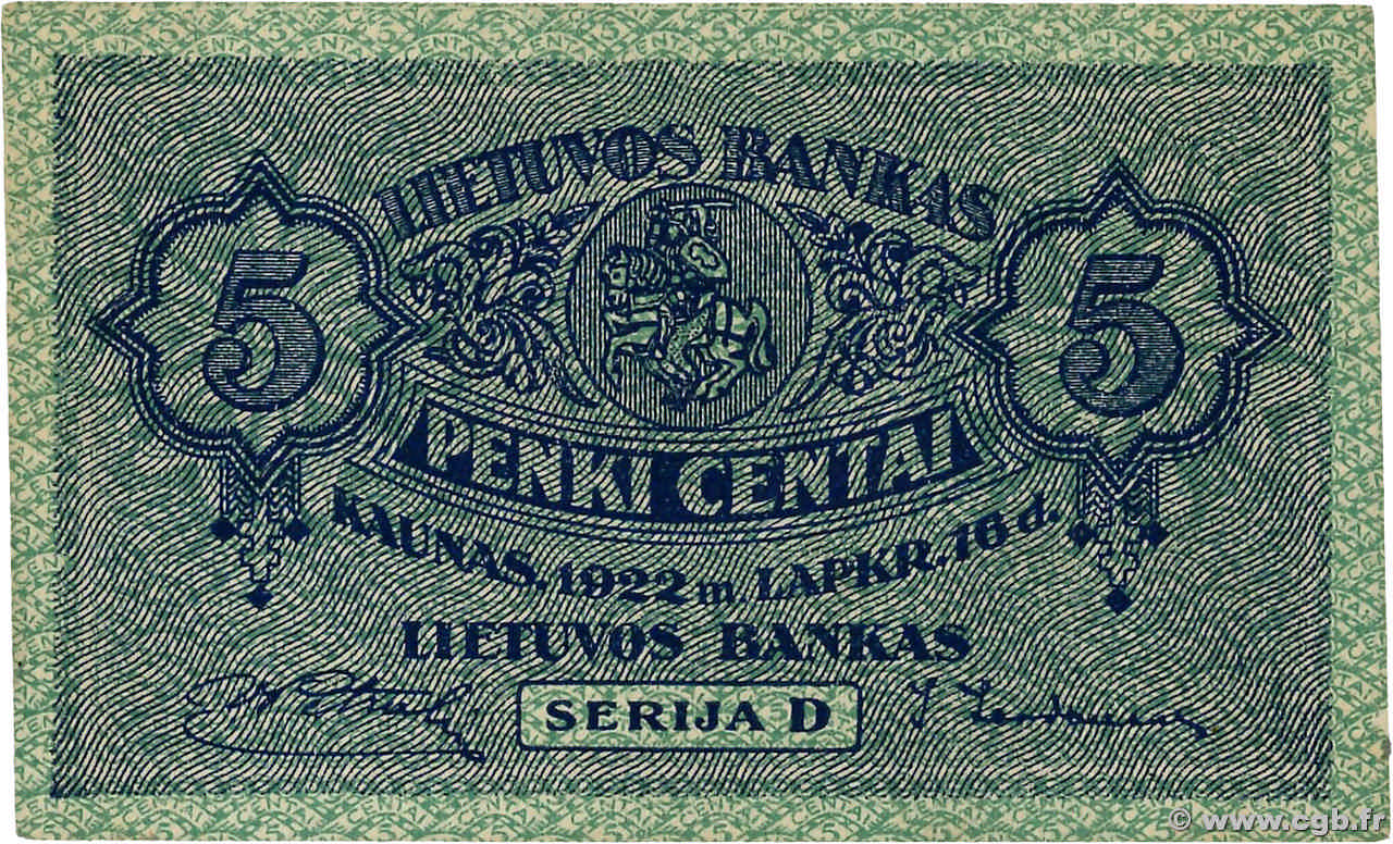 5 Centai LITUANIA  1922 P.09a SC