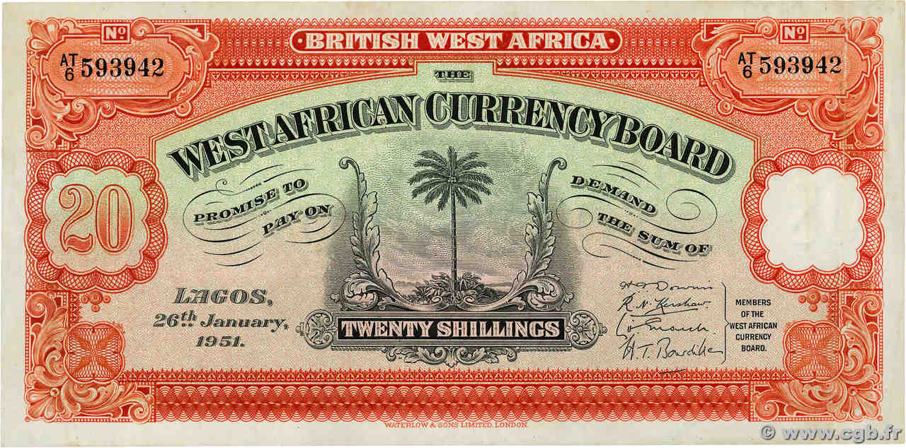 20 Shillings AFRICA DI L OVEST BRITANNICA  1951 P.08b BB