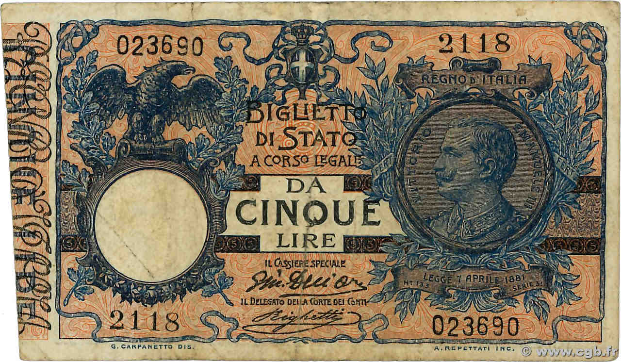 5 Lire ITALIE  1915 P.023d TB+
