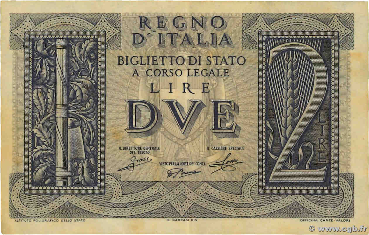 2 Lire ITALY  1939 P.027 VF+