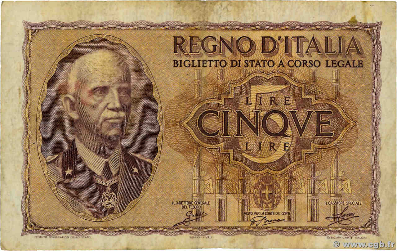 5 Lire ITALY  1940 P.028 F