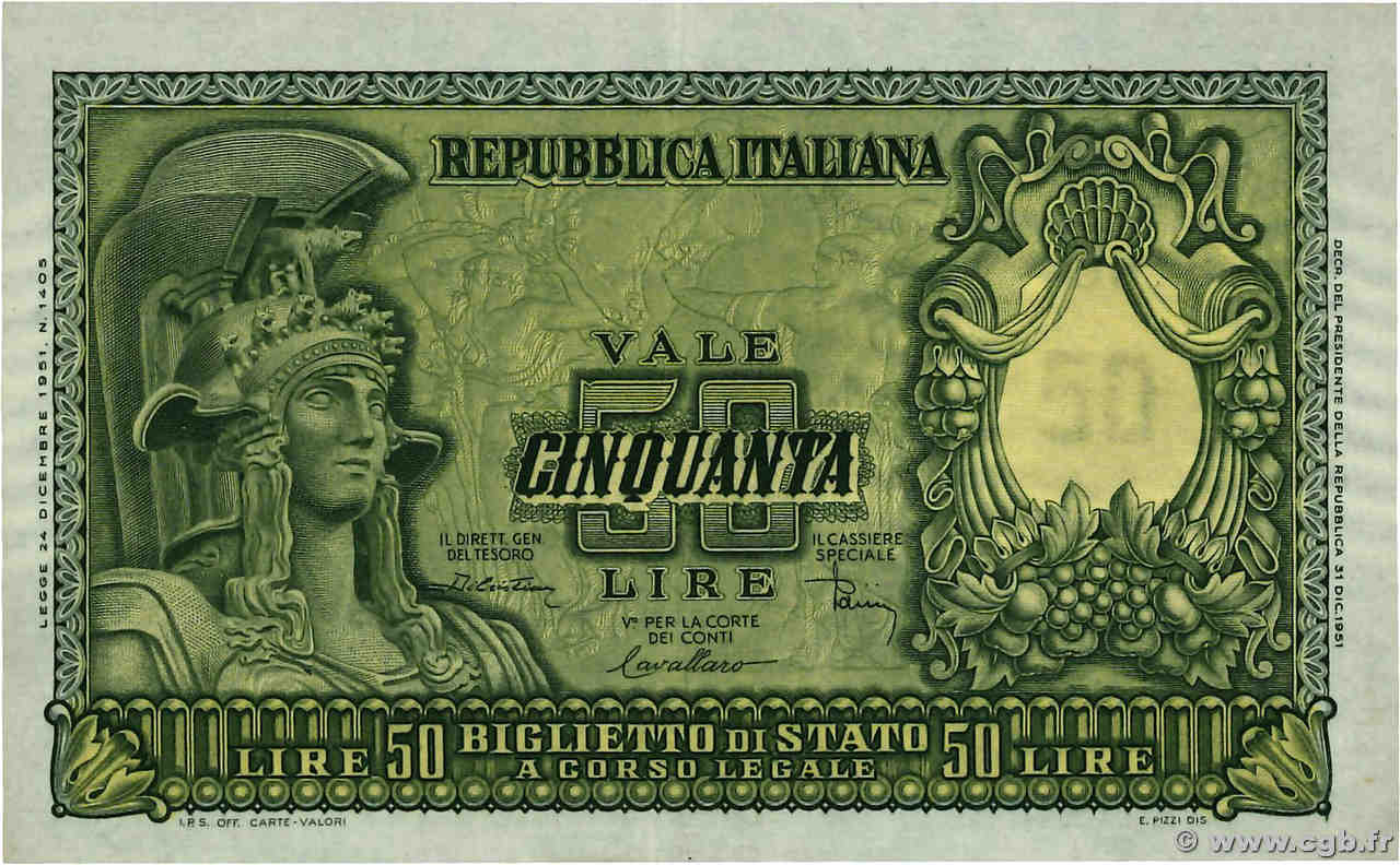50 Lire ITALY  1951 P.091b AU-