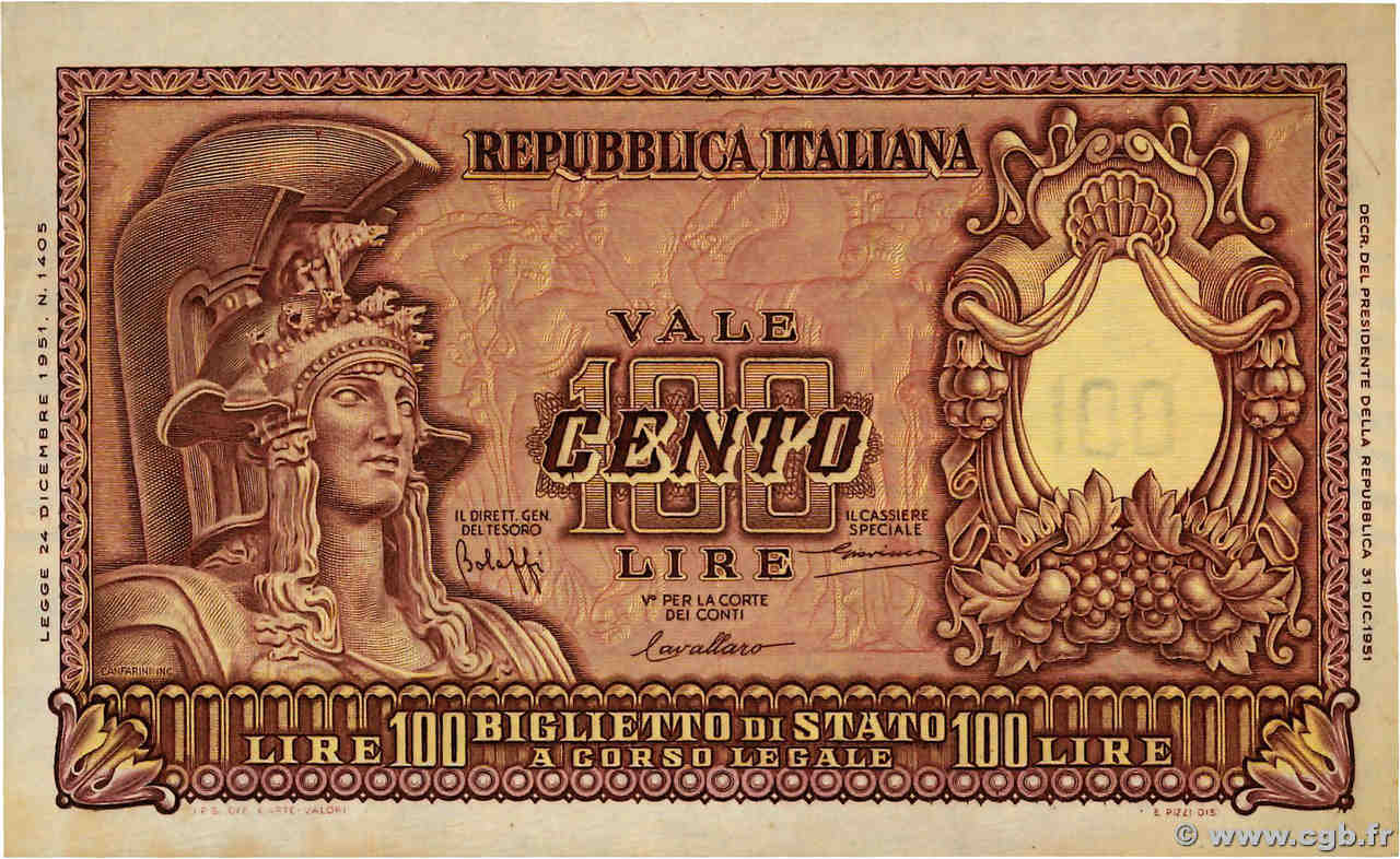 100 Lire ITALIA  1951 P.092a AU