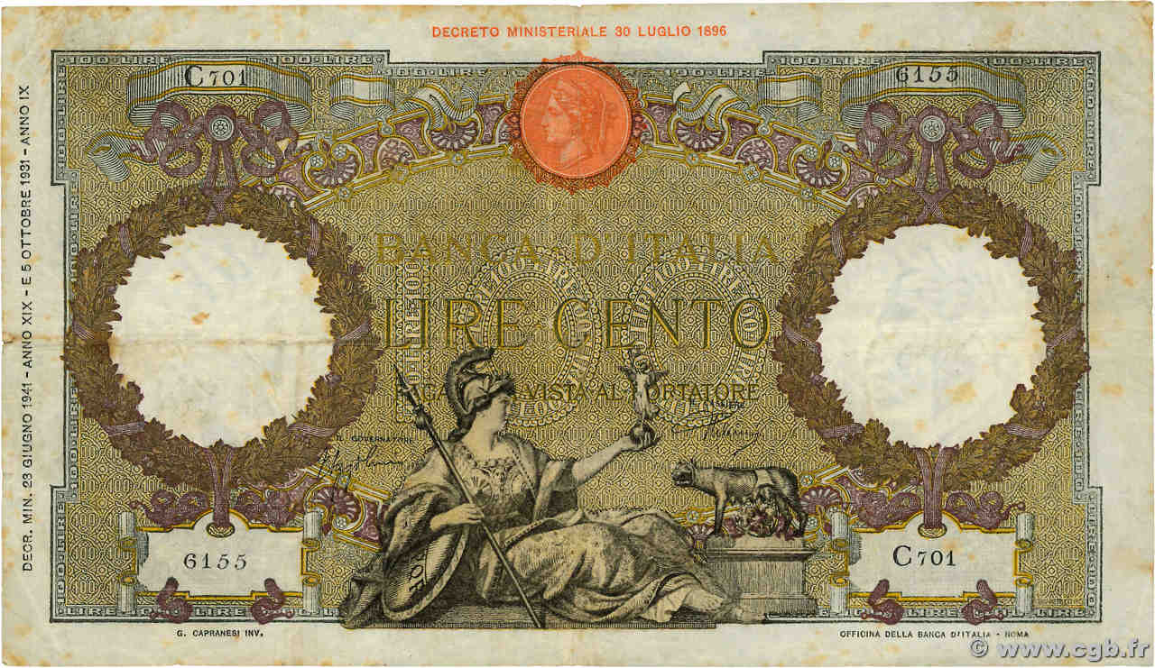 100 Lire ITALIA  1941 P.055b BC+
