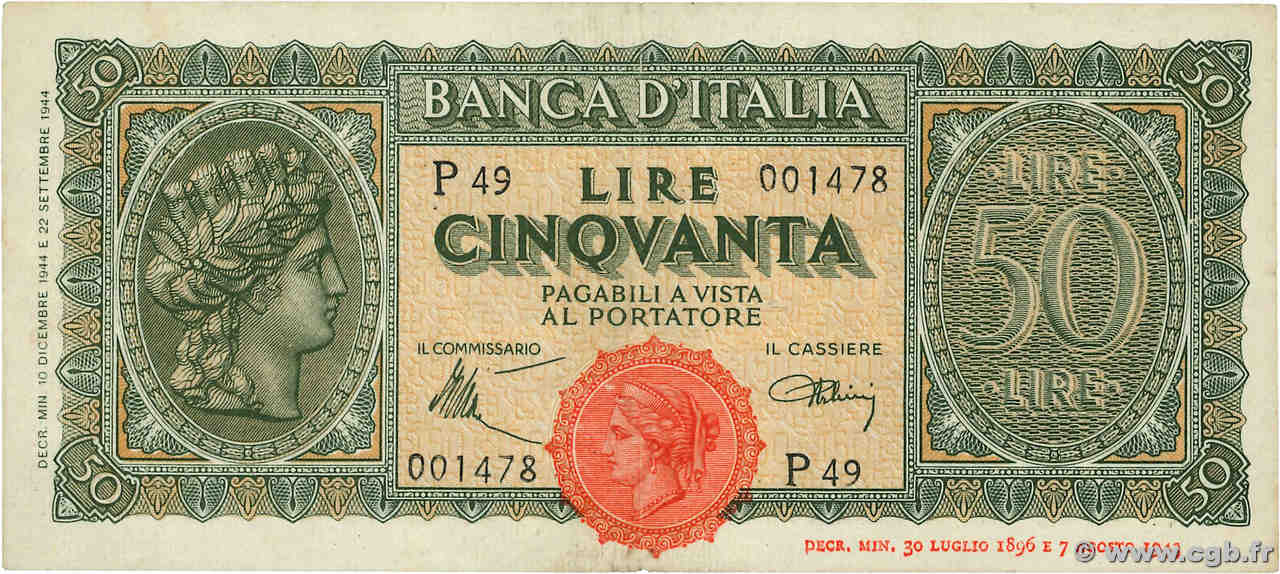 50 Lire ITALIE  1944 P.074 TTB