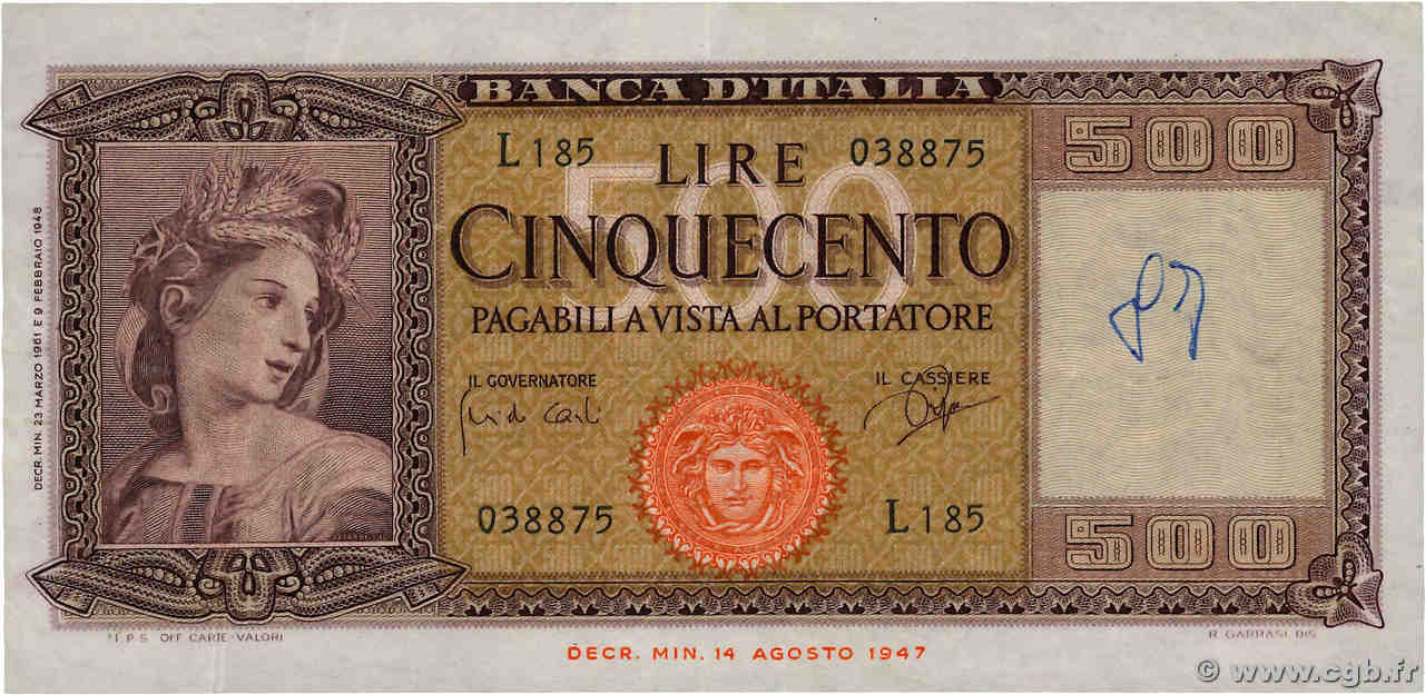 500 Lire ITALY  1961 P.080b VF