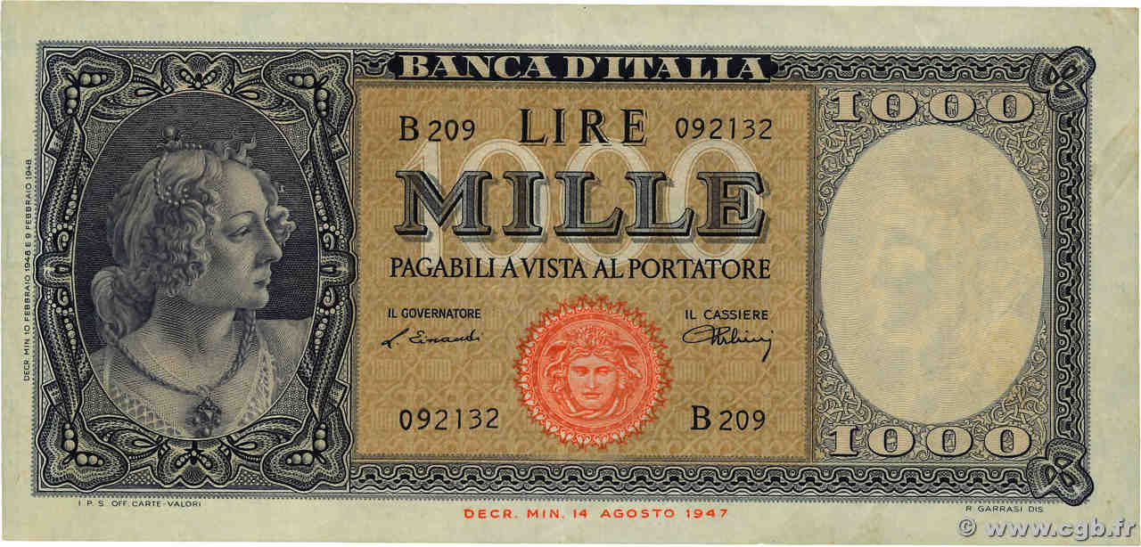 1000 Lire ITALIEN  1948 P.088a SS