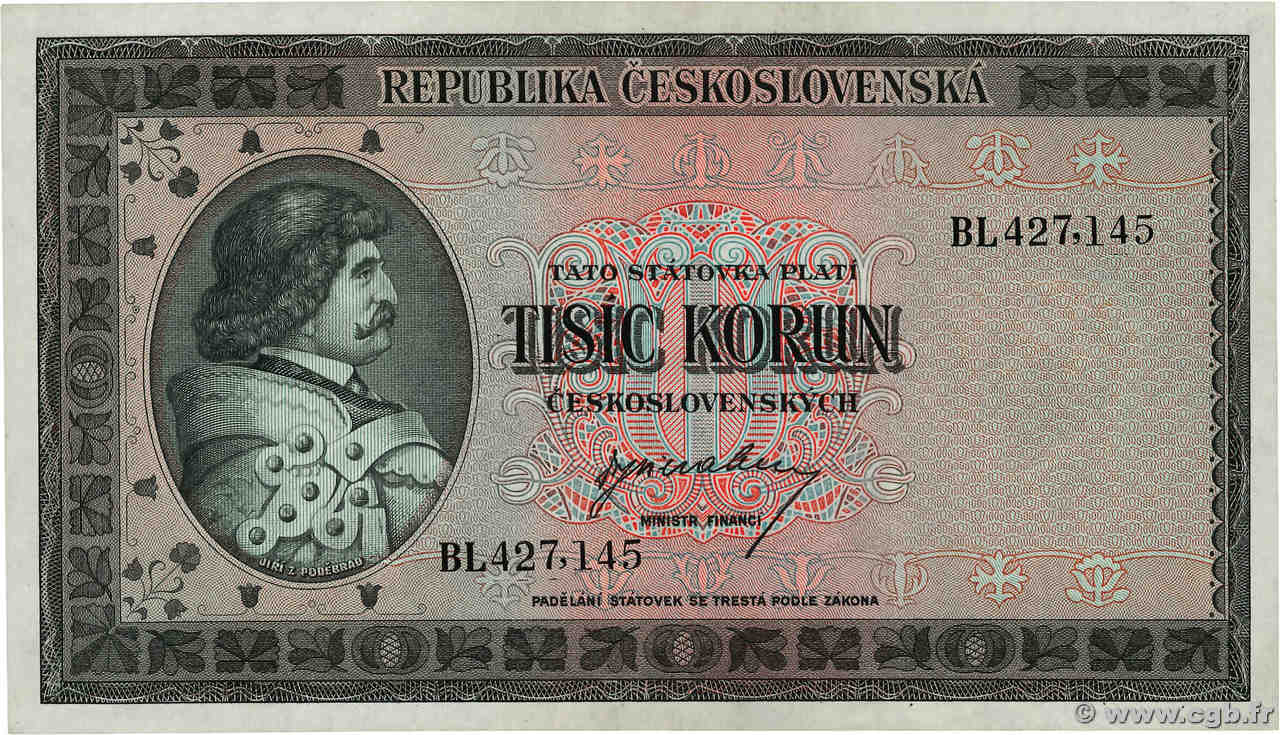 1000 Korun CZECHOSLOVAKIA  1945 P.065a XF