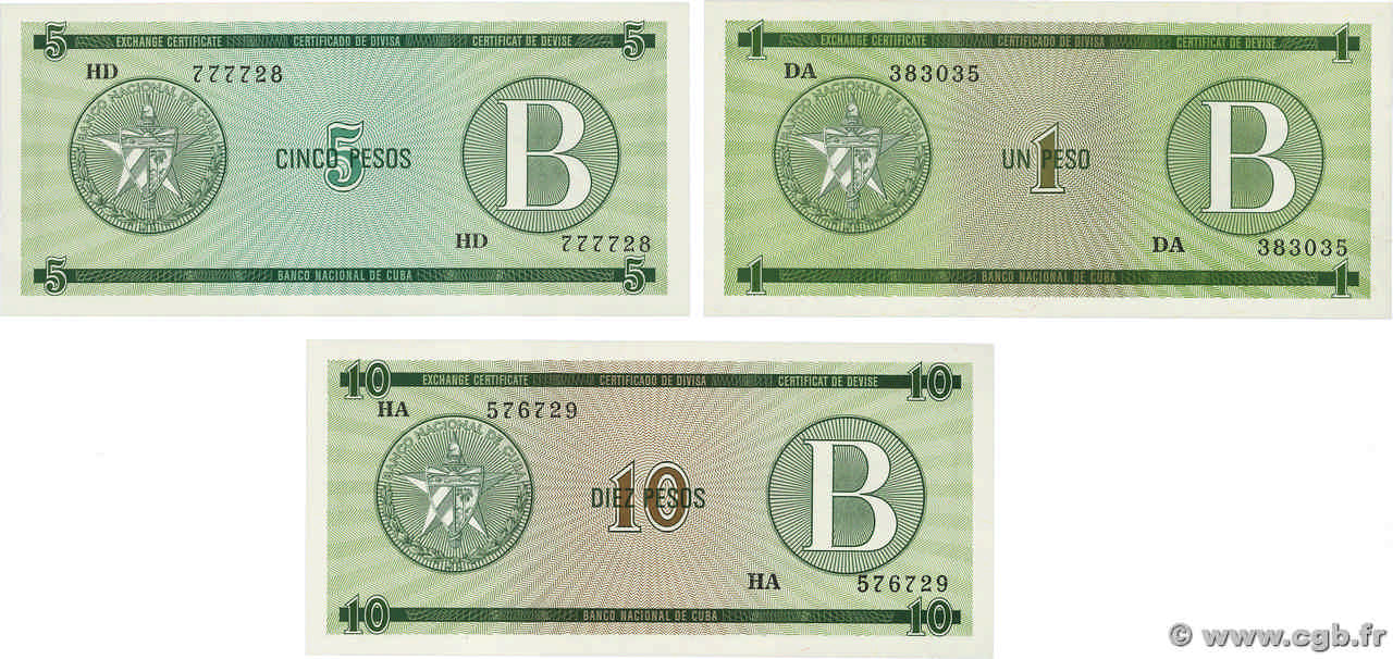 1, 5 et 10 Pesos Lot CUBA  1985 P.FX06 au P.FX08 NEUF