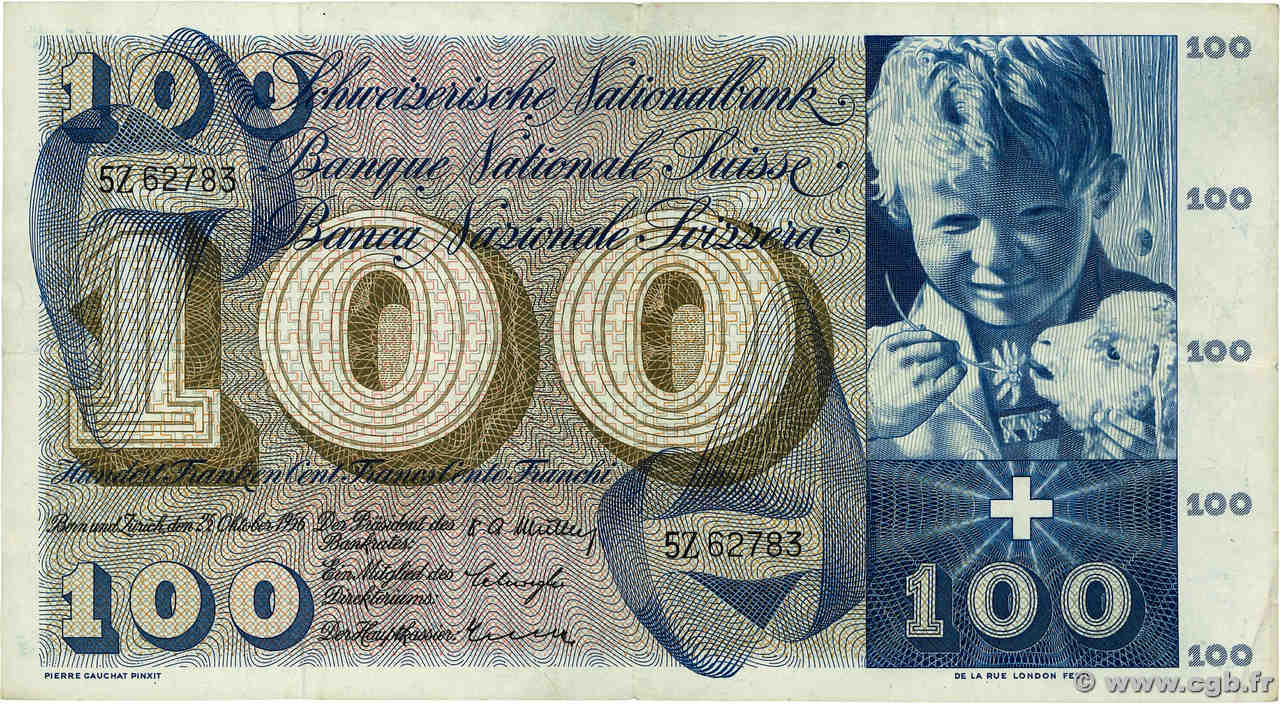 100 Francs SUISSE  1956 P.49a MBC