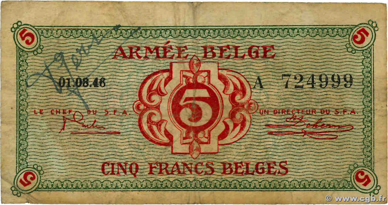 5 Francs BÉLGICA  1946 P.M3a BC