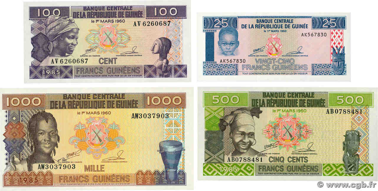 25, 100, 500, 1000 Francs Guinéens Lot GUINÉE  1985 P.28 et P.30 P.31  P.32  NEUF