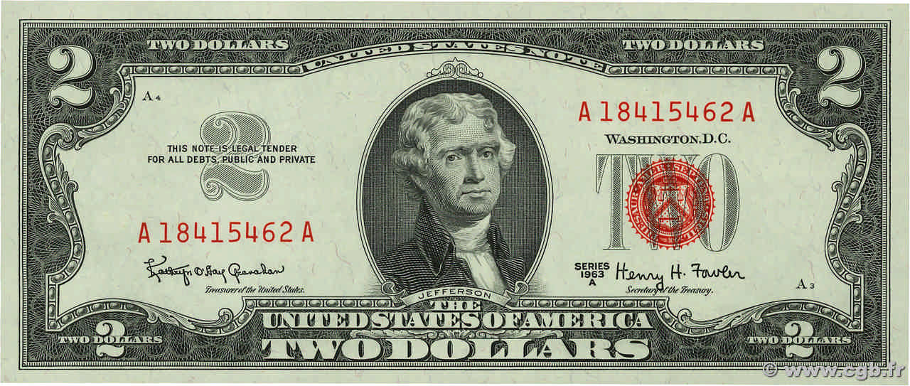 2 Dollars STATI UNITI D AMERICA  1963 P.382b FDC