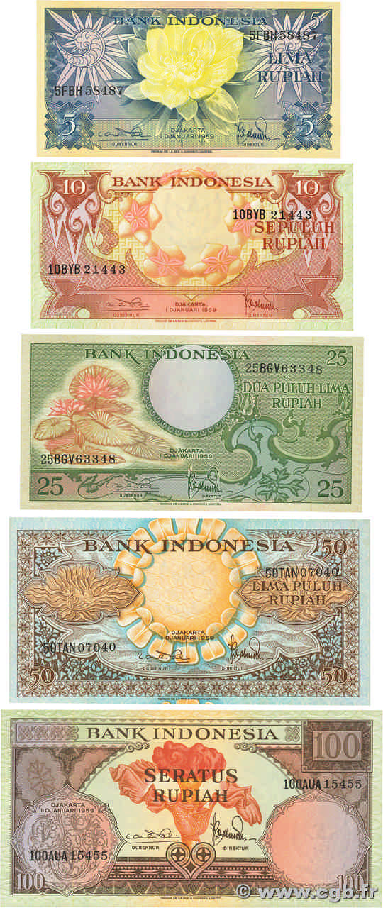 5, 10, 25 50 et 100 Rupiah Lot INDONÉSIE  1959 P.065 au P.069 NEUF