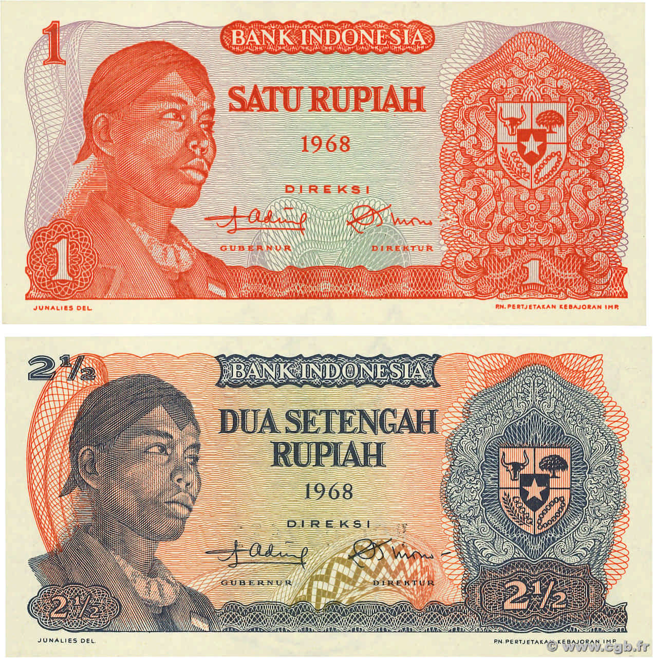 1 et 2,5 Rupiah Lot INDONESIA  1968 P.102 et 103 UNC