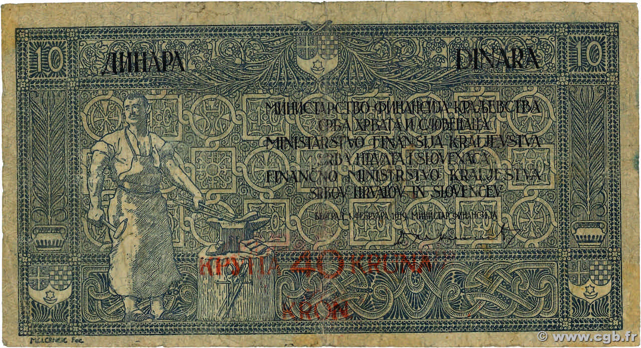 40 Kronen sur 10 Dinara YOUGOSLAVIE  1919 P.017 TB
