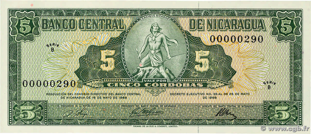 5 Cordobas NICARAGUA  1968 P.116a UNC