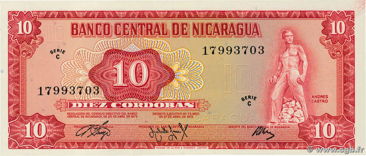 10 Cordobas NIKARAGUA  1972 P.123 ST
