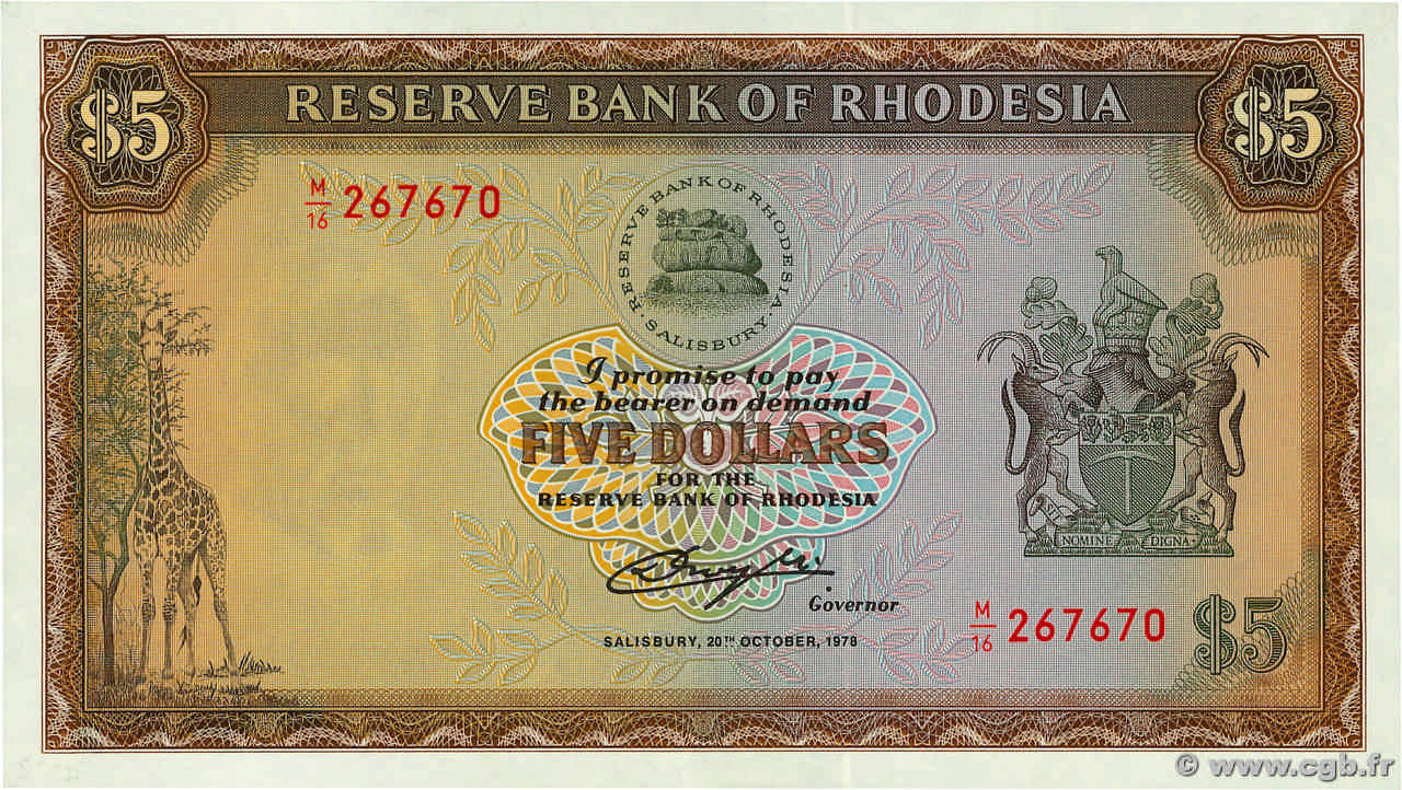 5 Dollars RHODÉSIE  1978 P.36b pr.NEUF