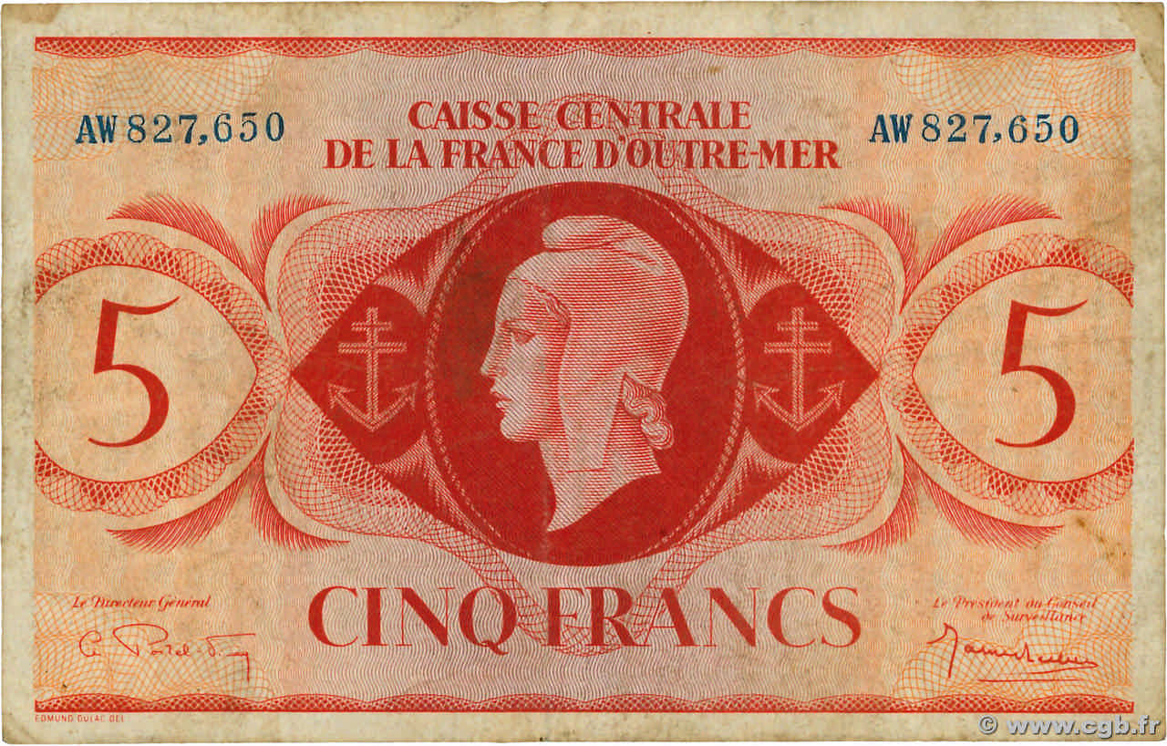 5 Francs FRENCH EQUATORIAL AFRICA  1944 P.15b VF