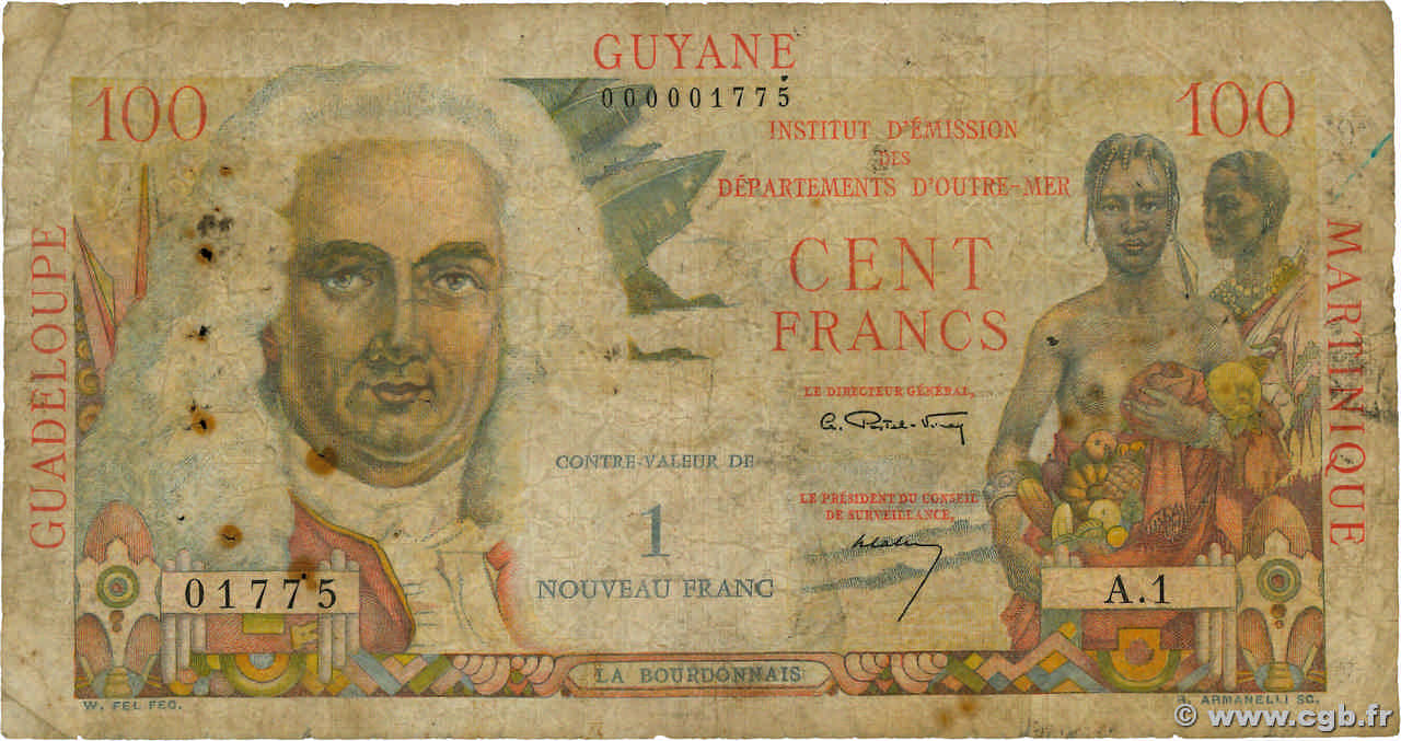 1 NF sur 100 Francs La Bourdonnais FRENCH ANTILLES  1960 P.01 G