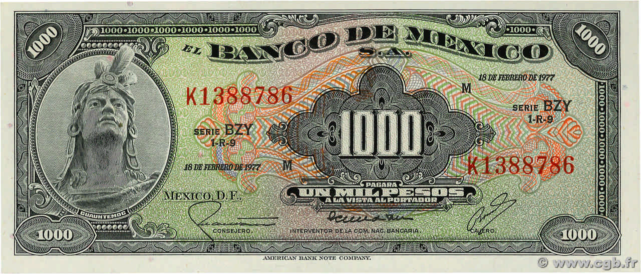 1000 Pesos MEXICO  1977 P.052t ST