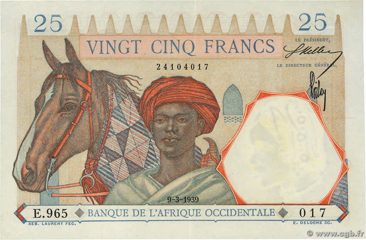 25 Francs FRENCH WEST AFRICA  1939 P.22 fVZ