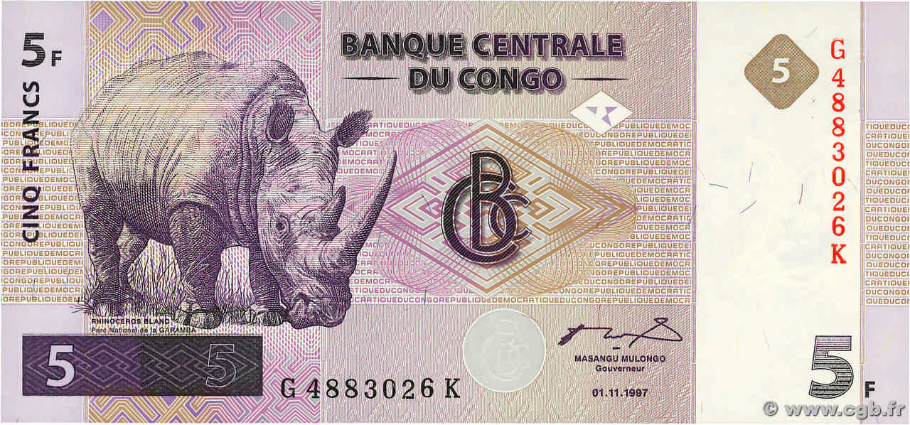 5 Francs CONGO, DEMOCRATIC REPUBLIC  1997 P.086A UNC