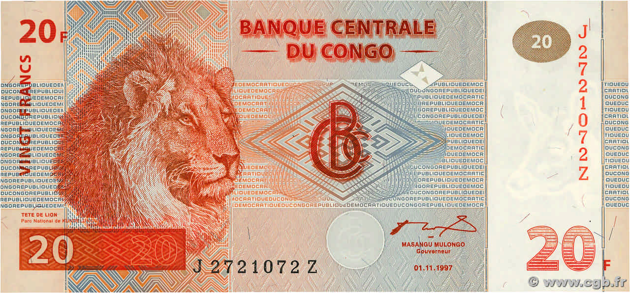 20 Francs Remplacement REPUBBLICA DEMOCRATICA DEL CONGO  1997 P.088A FDC