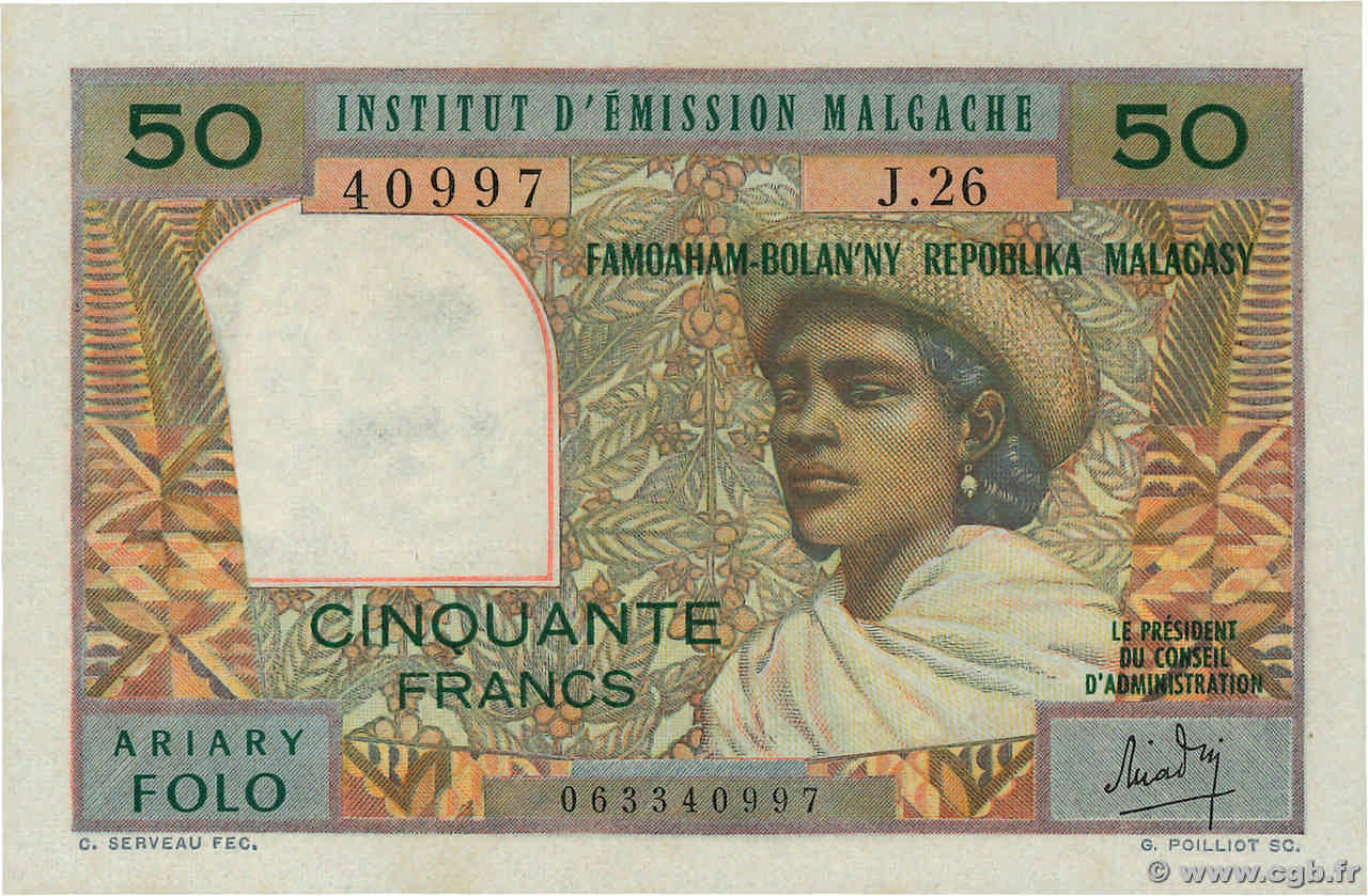 50 Francs - 10 Ariary MADAGASCAR  1962 P.061 FDC