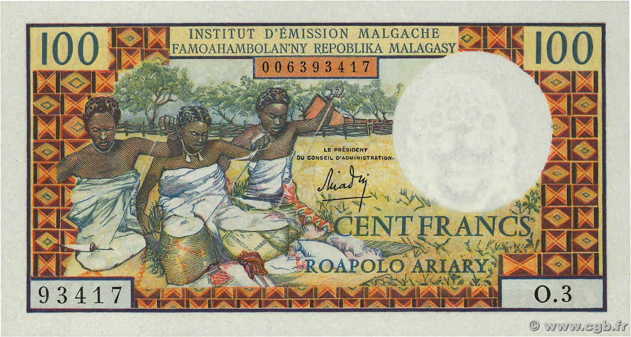 100 Francs - 20 Ariary MADAGASCAR  1964 P.057a SC+
