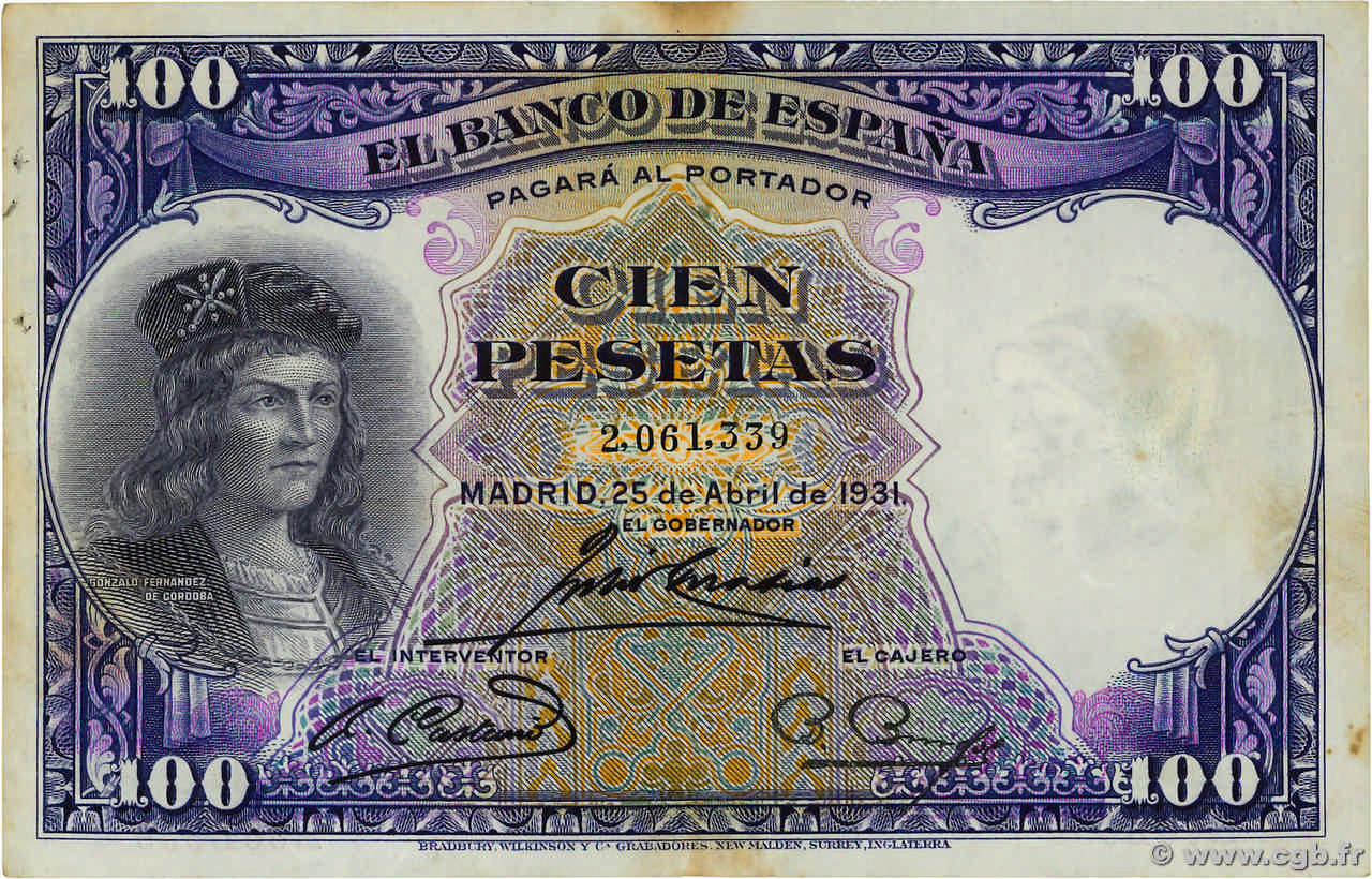 100 Pesetas SPAIN  1931 P.083 VF