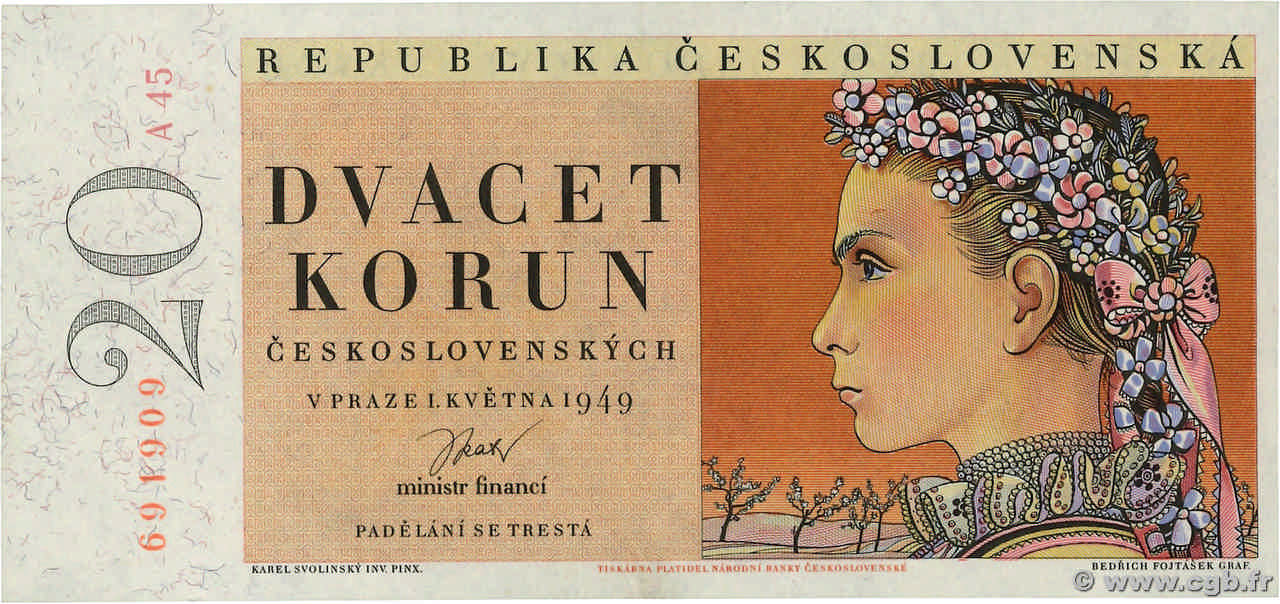 20 Korun TCHÉCOSLOVAQUIE  1949 P.070a SUP+