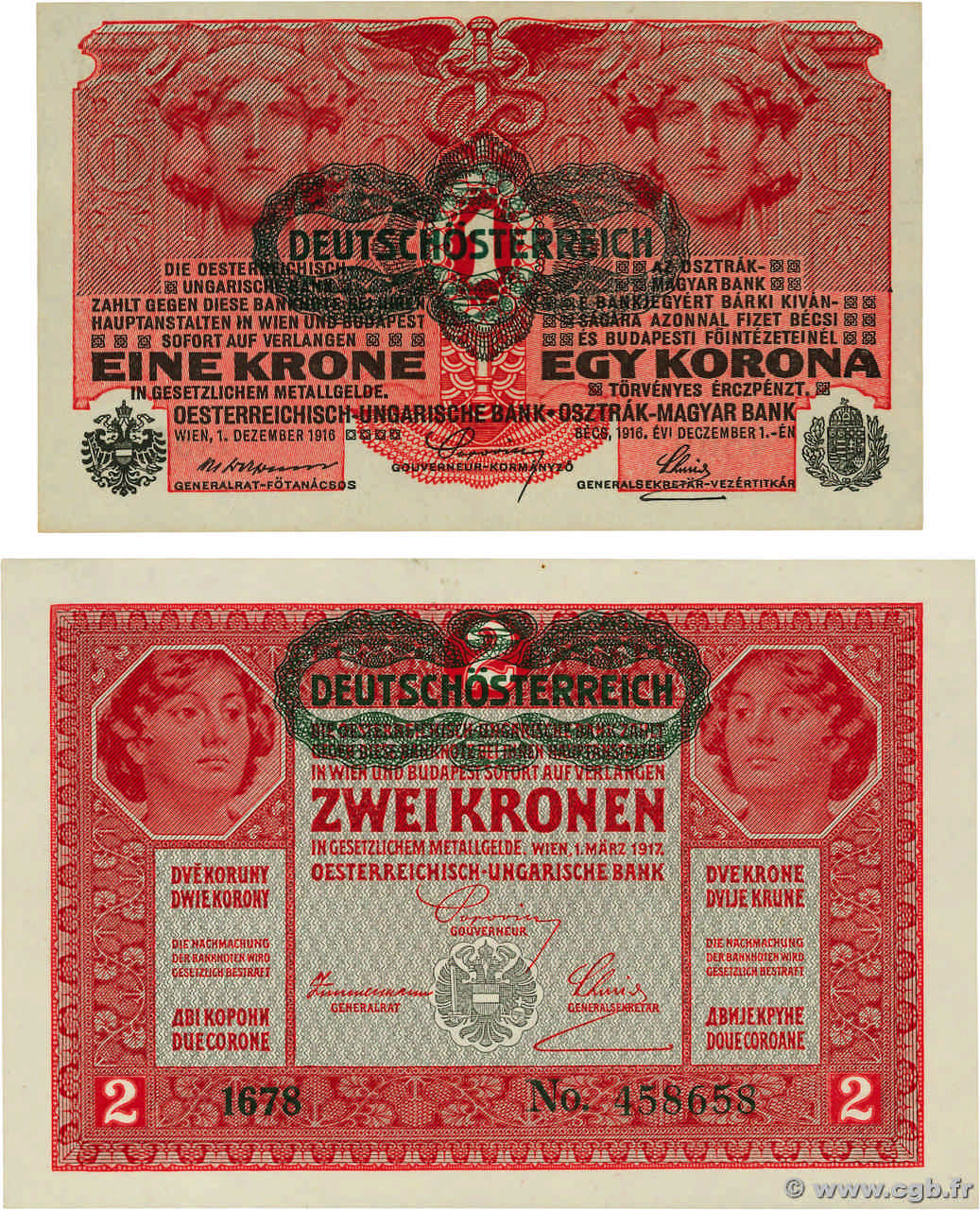 1 et 2 Krone Lot AUTRICHE  1919 P.049 P.050 NEUF