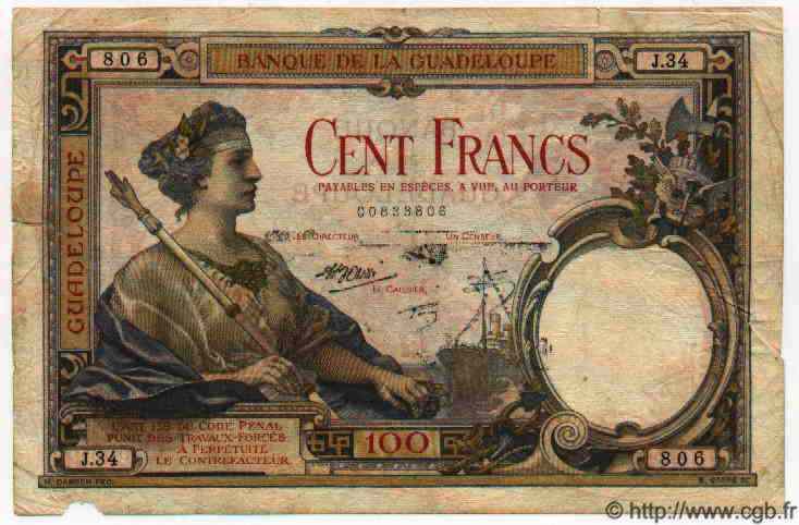 100 Francs GUADELOUPE  1944 P.16 q.BB