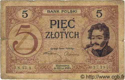 5 Zlotych POLAND  1924 P.053 F