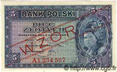 5 Zlotych Spécimen POLAND  1939 P.081s UNC-