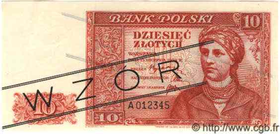 10 Zlotych Spécimen POLOGNE  1939 P.082s pr.NEUF