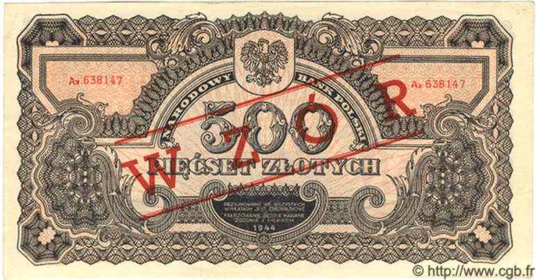 500 Zlotych Spécimen POLOGNE  1944 P.119as SPL