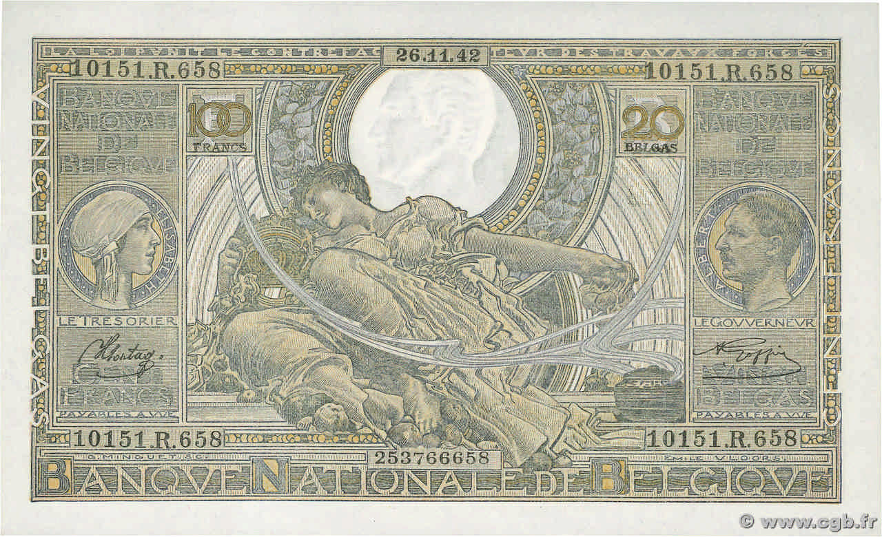 100 Francs - 20 Belgas BELGIUM  1942 P.107 UNC-