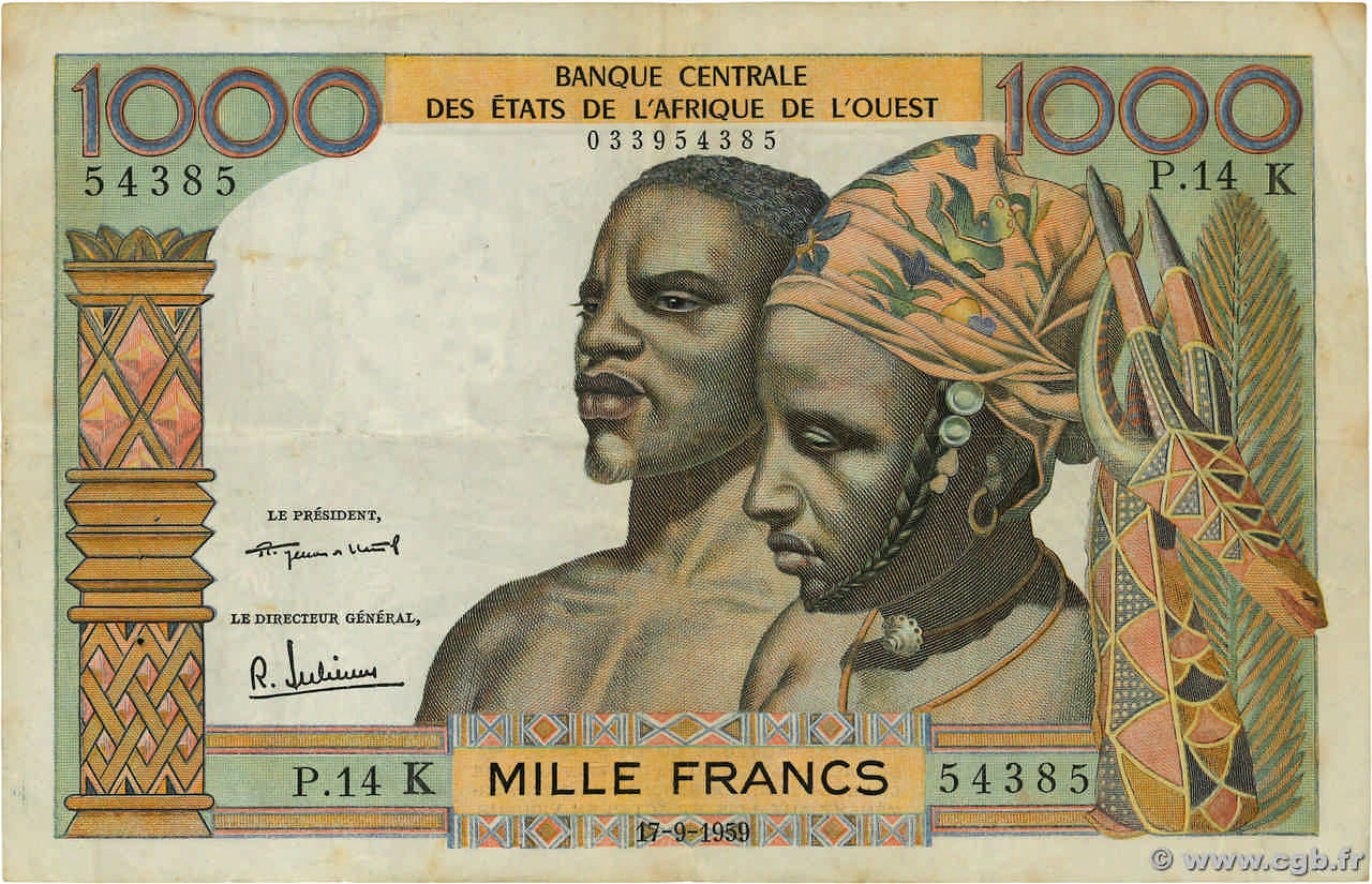 1000 Francs ÉTATS DE L AFRIQUE DE L OUEST  1959 P.703Ka TTB