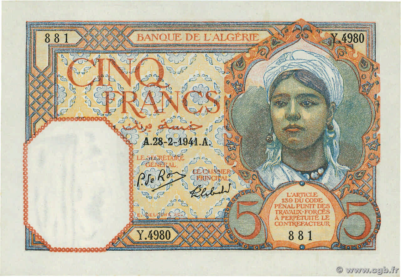 5 Francs ALGÉRIE  1941 P.077b pr.NEUF