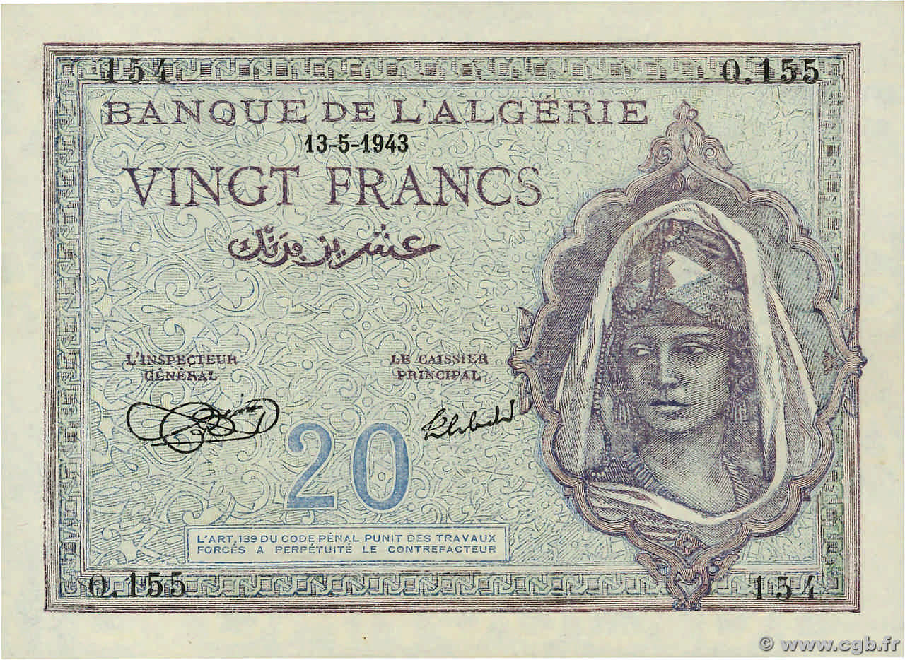 20 Francs ALGERIA  1943 P.092a UNC-